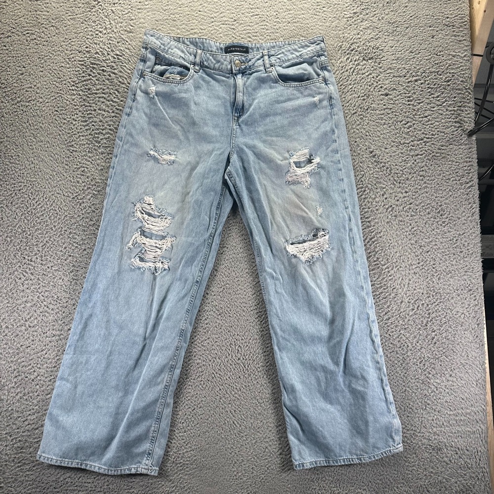 Aéropostale Jeans Womens 14 Blue Cotton Denim Wide-Leg Distressed Workwear Baggy